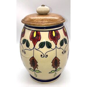 PIER 1 CERAMIC CANISTER JAR HAND PAINTED IN INDIA WOODEN LID 7" Coffee Tea